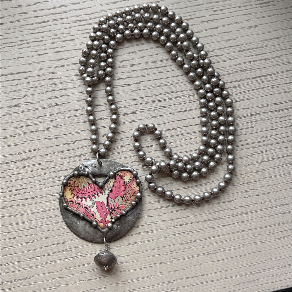 Art by Amy Labbe LONG British Tea Tin Heart Chic Silver Necklace w Chain Hook